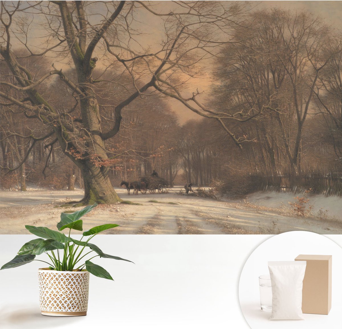 Wallfluent Fotobehang - Beige Vliesbehang - 152x104 cm - Winterlandschap Fotobehang Vlies - Woonkamer behang Landschappen - Muurschildering - Woonkamer behang