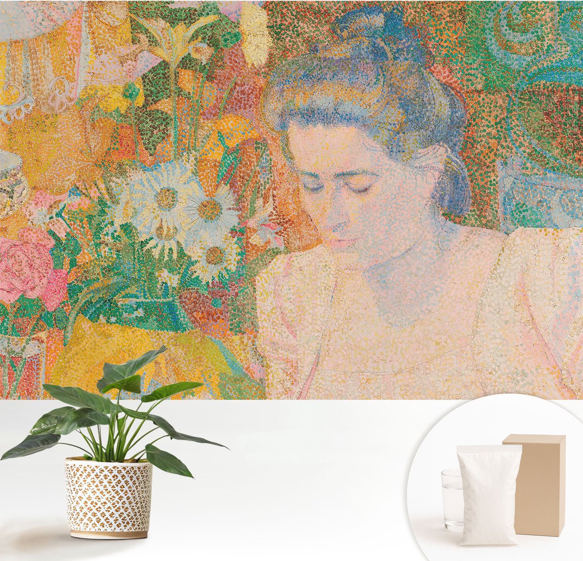 Wallfluent Fotobehang - Geel Vliesbehang - 152x104 cm - Bloemenportret Muurschildering - Gang behang Mensen - Fotobehang Vlies - Slaapkamer behang