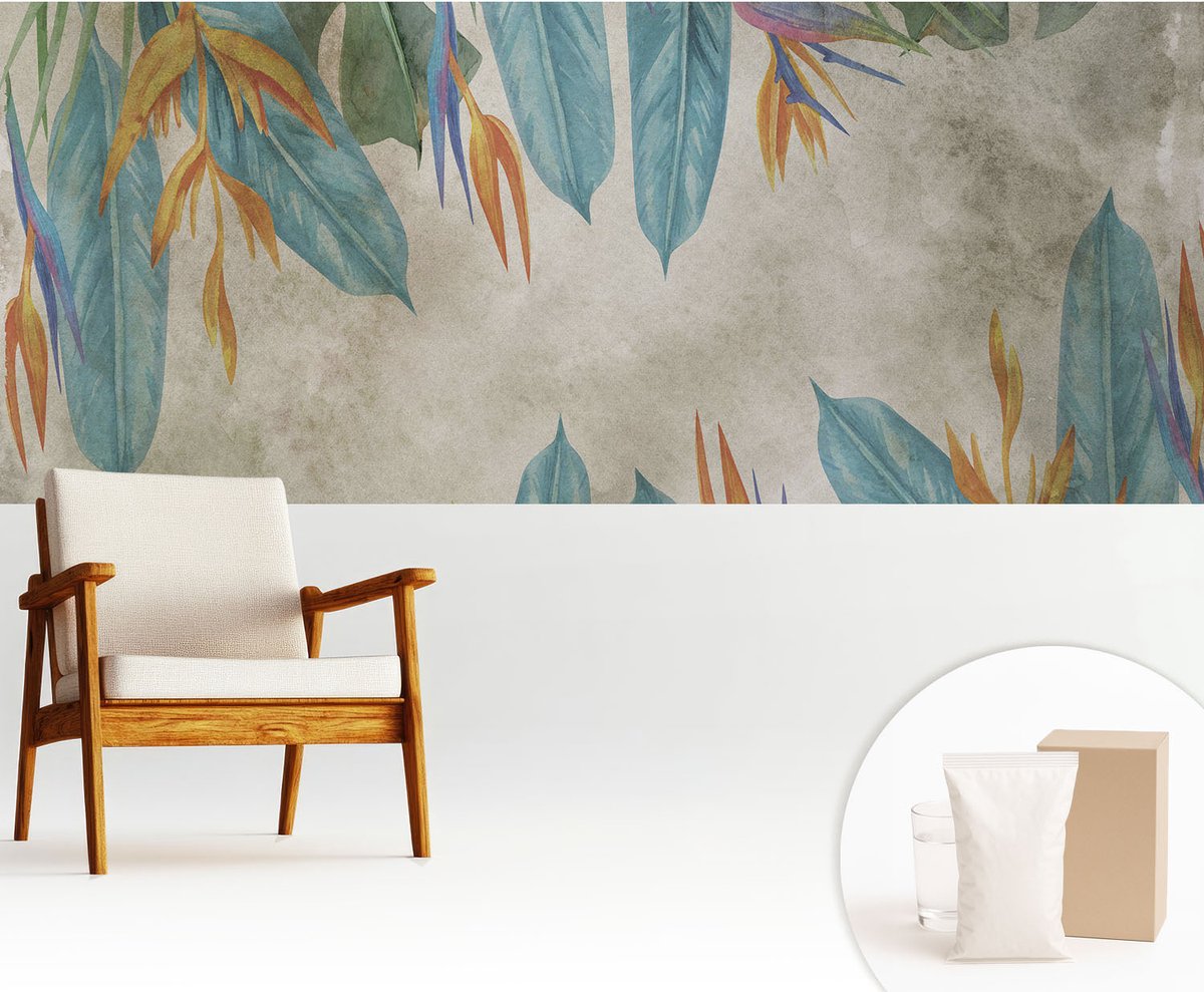Wallfluent Fotobehang - Blauw Vliesbehang - 250x104 cm - Tropische Bloemen Fotobehang Vlies - Hal behang Bloemen En Planten - Muurschildering - Woonkamer behang
