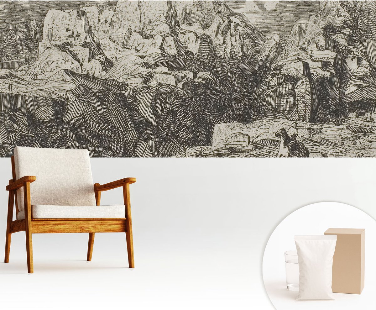 Wallfluent Fotobehang - Grijs Vliesbehang - 250x104 cm - Berglandschap Muurschildering - Slaapkamer behang Landschappen - Fotobehang Vlies - Slaapkamer behang