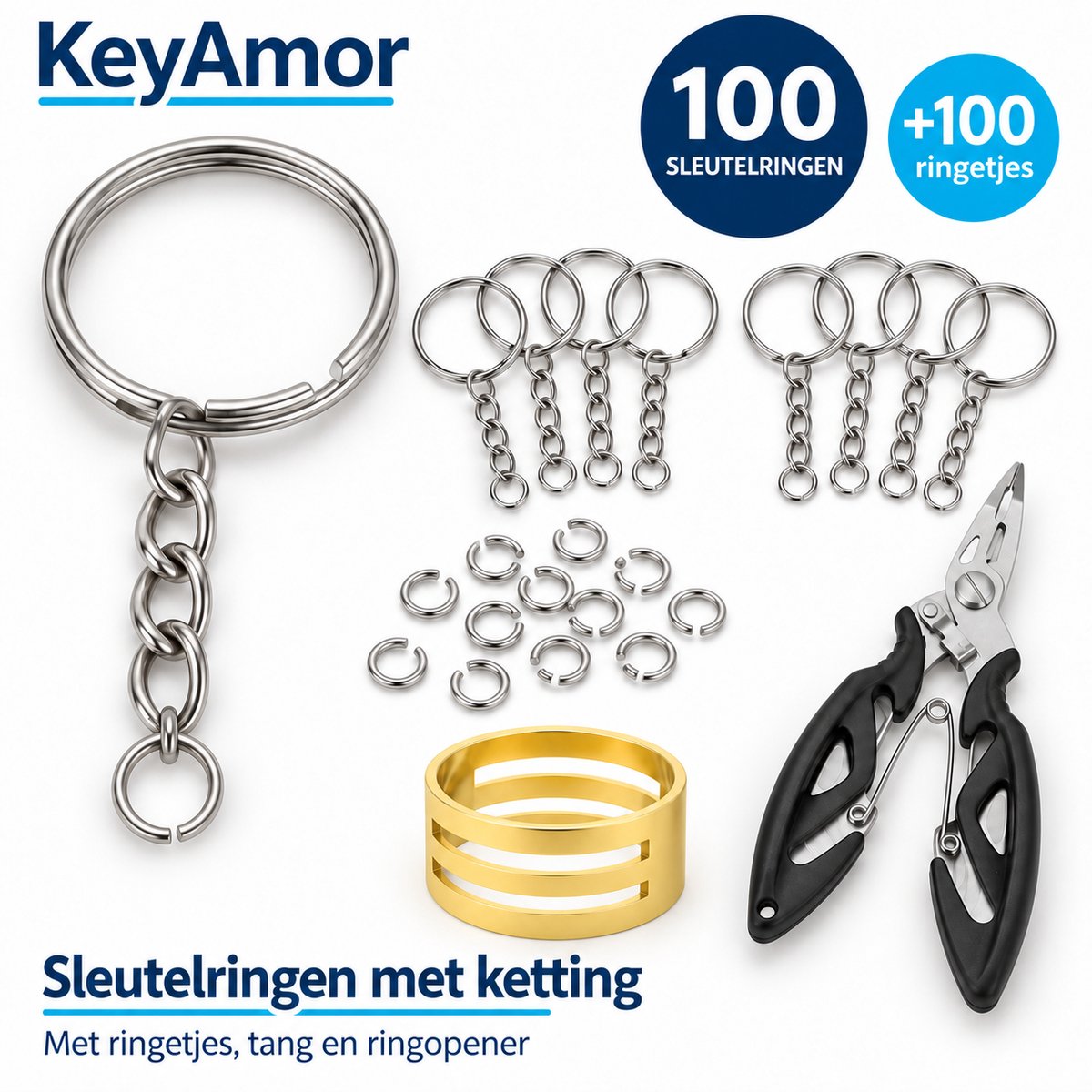 100 Stuks Sleutelringen met Ketting, 100 Open Springringetjes & - 250-Delig DIY Sleutelhangers - 25mm Ringen Set - Keychain Sleutels Maken - Splitringen voor Hobby & Sleutellabels - Metalen Keyrings Knutselen Pakket - Zilver