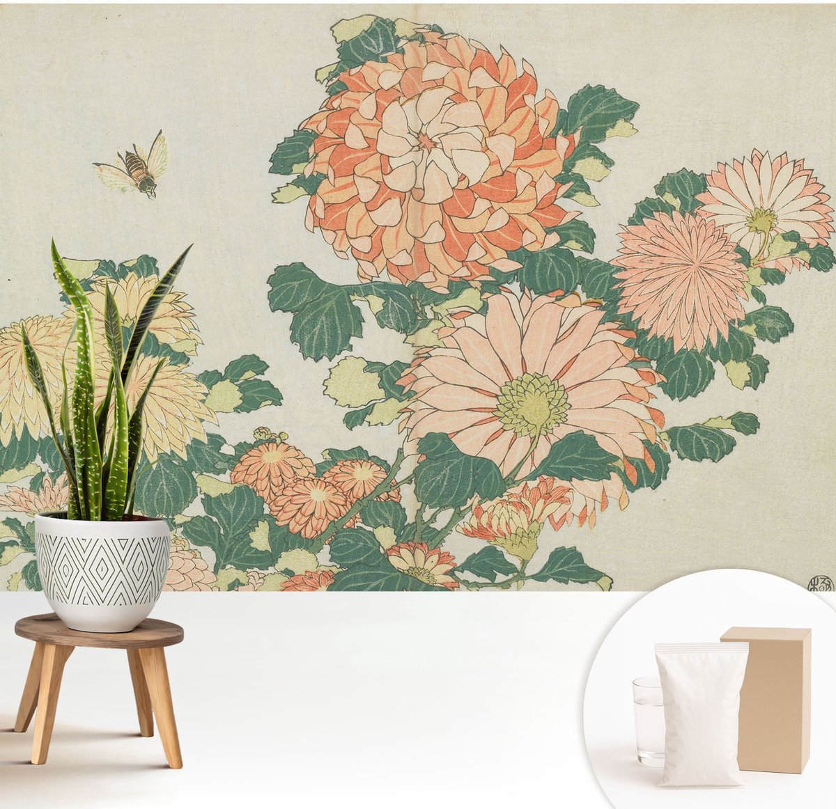 Wallfluent Fotobehang - Romig Vliesbehang - 208x146 cm - Chrysantenbloemen Muurschildering - Slaapkamer behang Bloemen En Planten - Fotobehang Vlies - Slaapkamer behang