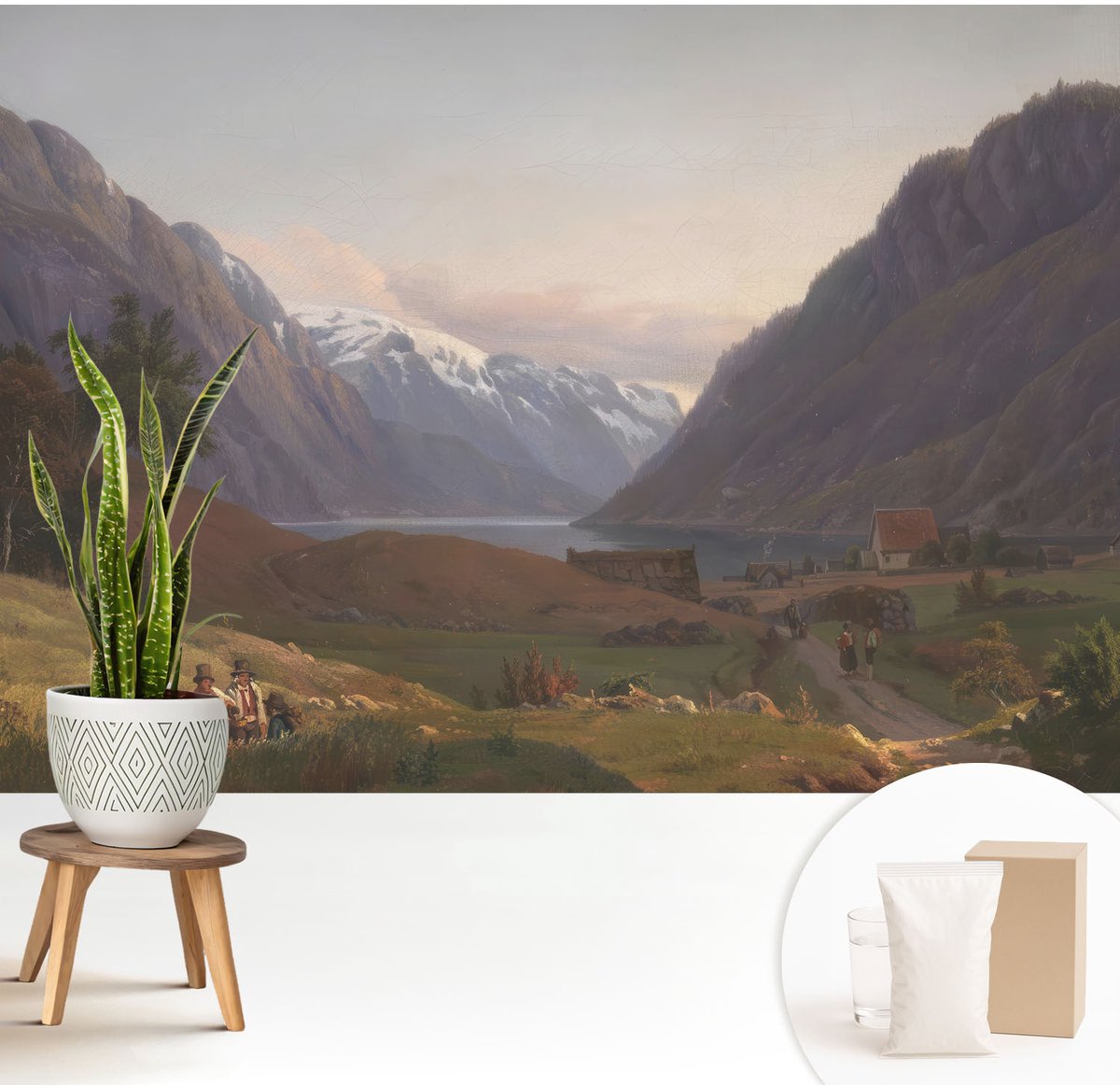 Wallfluent Fotobehang - Wit Vliesbehang - 208x146 cm - Bergpanorama Fotobehang Vlies - Hal behang Landschappen - Muurschildering - Woonkamer behang