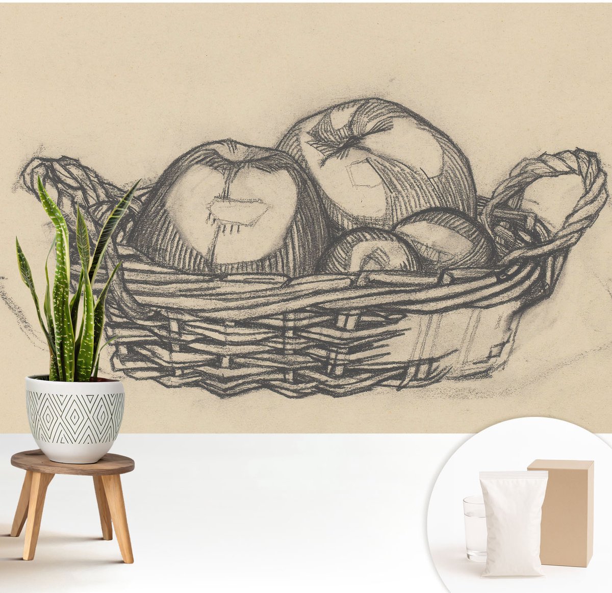 Wallfluent Fotobehang - Wit Vliesbehang - 208x146 cm - Fruitmand Fotobehang Vlies - Woonkamer behang Deel - Muurschildering - Hal behang