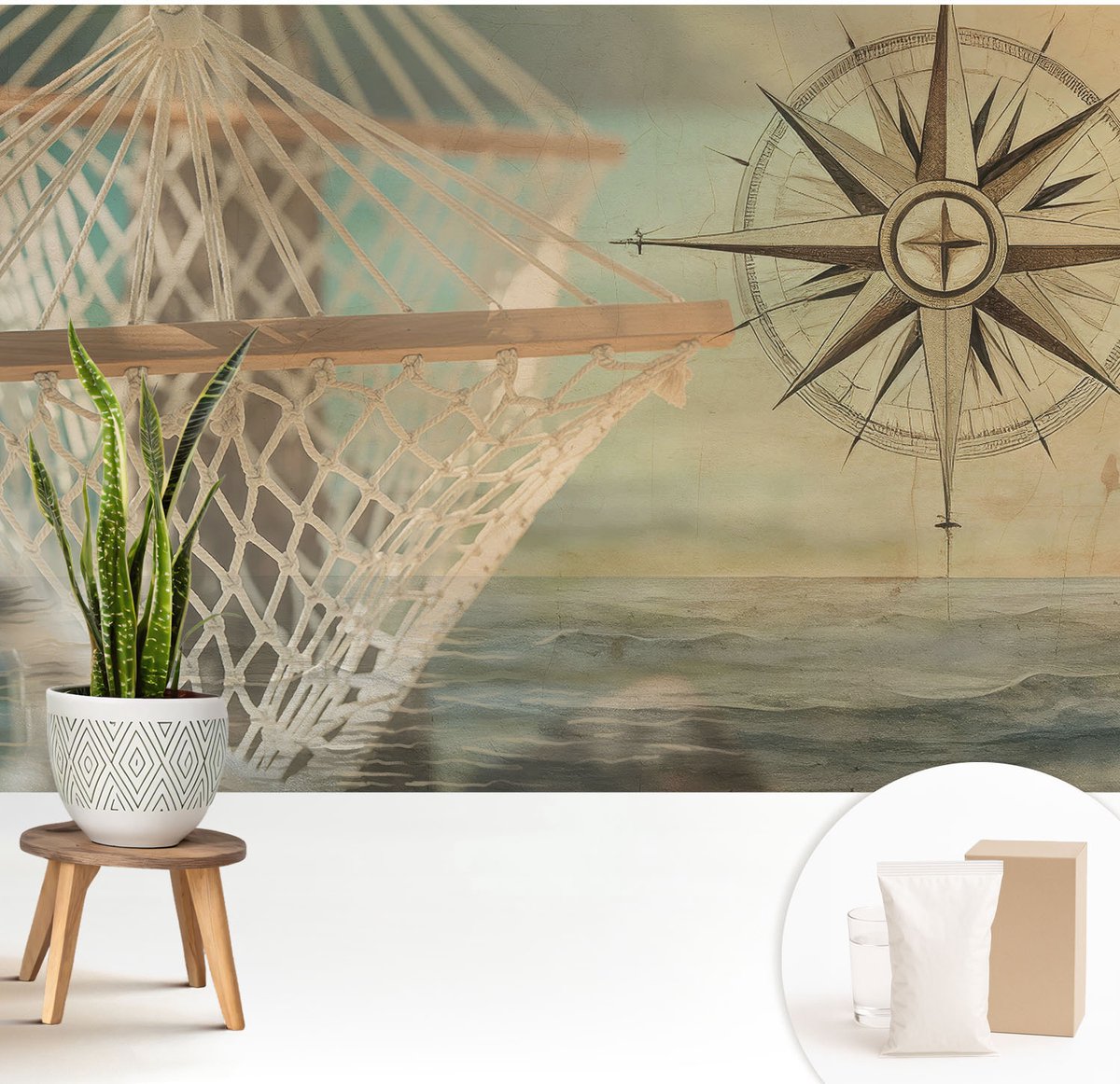 Wallfluent Fotobehang - Beige Vliesbehang - 208x146 cm - Ontspanning Aan Zee Fotobehang Vlies - Woonkamer behang Ander - Muurschildering - Hal behang