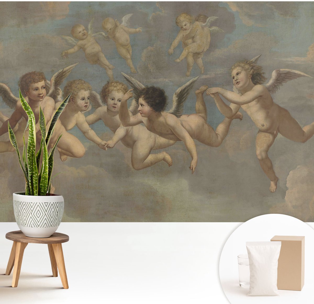 Wallfluent Fotobehang - Bruin Vliesbehang - 208x146 cm - Engelachtige Figuren Fotobehang Vlies - Hal behang Deel - Muurschildering - Woonkamer behang