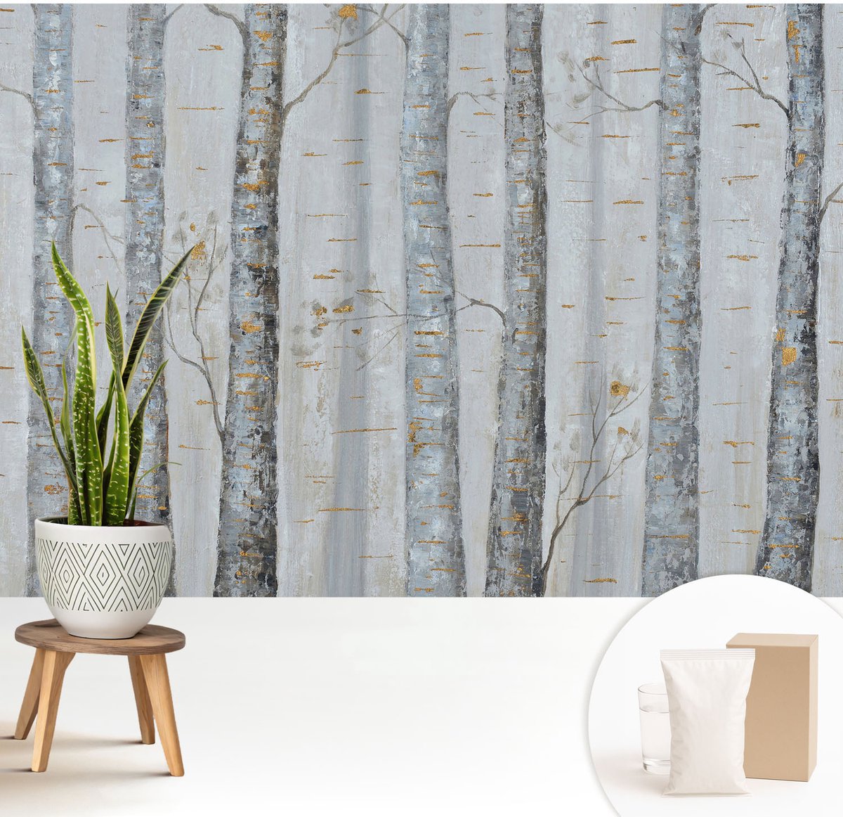 Wallfluent Fotobehang - Grijs Vliesbehang - 208x146 cm - Berkenbomen Fotobehang Vlies - Hal behang Bloemen En Planten - Muurschildering - Woonkamer behang