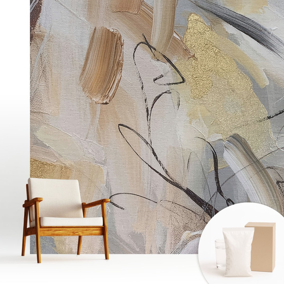 Wallfluent Fotobehang - Beige Vliesbehang - 250x250 cm - Abstracte Compositie Fotobehang Vlies - Hal behang Abstractie - Muurschildering - Hal behang