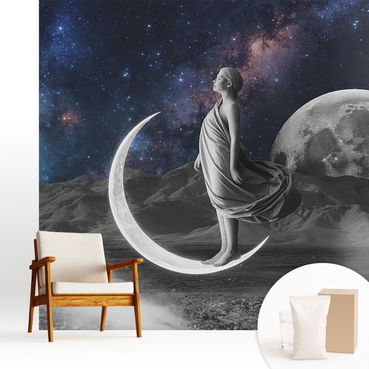 Wallfluent Fotobehang - Zwart-Wit Vliesbehang - 250x250 cm - Nachtdromen Fotobehang Vlies - Woonkamer behang Kosmos - Muurschildering - Woonkamer behang