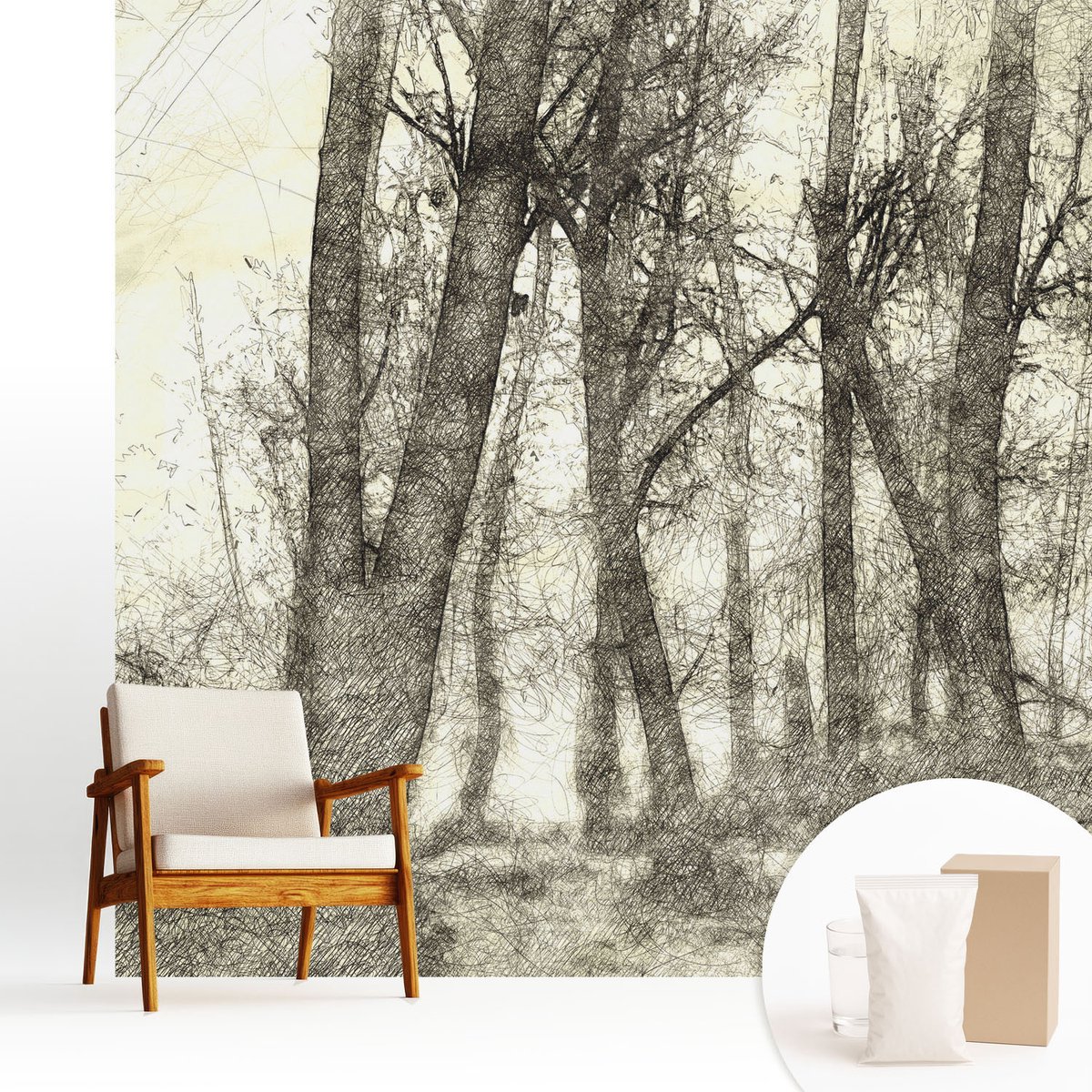 Wallfluent Fotobehang - Zwart-Wit Vliesbehang - 250x250 cm - Bosmelancholie Muurschildering - Gang behang Landschappen - Fotobehang Vlies - Slaapkamer behang