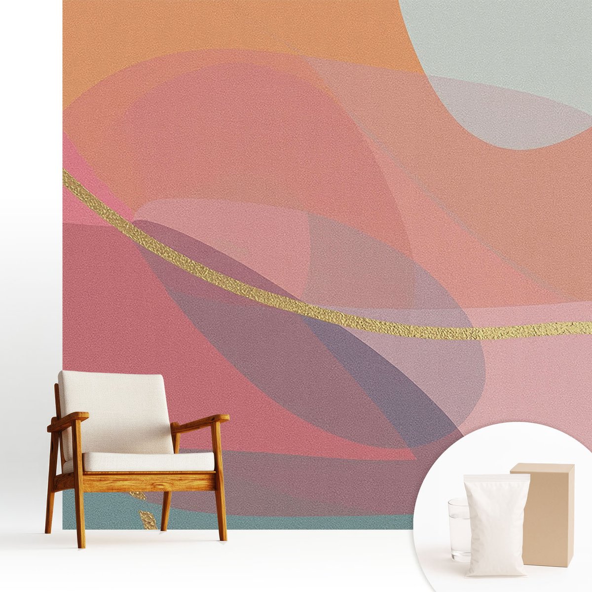 Wallfluent Fotobehang - Oranje Vliesbehang - 250x250 cm - Kleurrijke Vormen Muurschildering - Slaapkamer behang Abstractie - Fotobehang Vlies - Slaapkamer behang