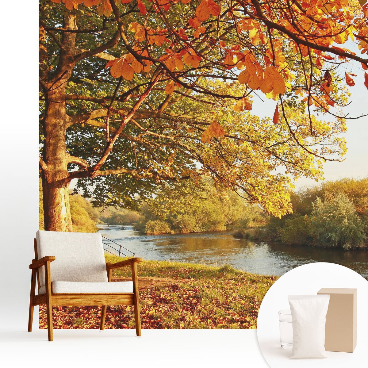 Wallfluent Fotobehang - Geel Vliesbehang - 250x250 cm - Herfst Aan De Kust Muurschildering - Slaapkamer behang Landschappen - Fotobehang Vlies - Gang behang