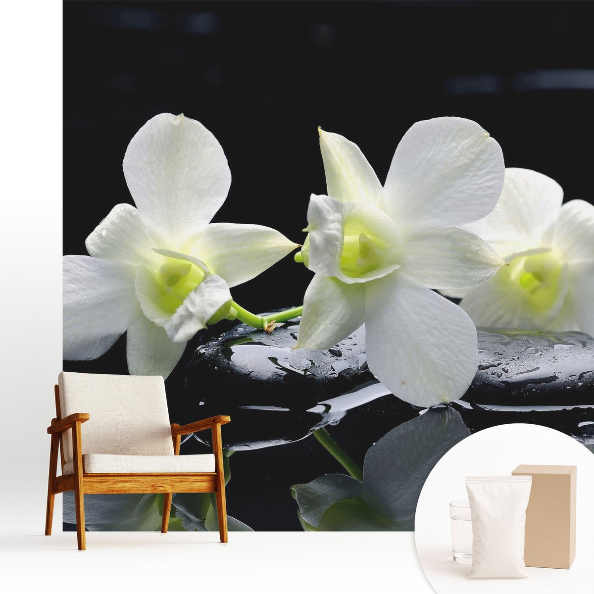 Wallfluent Fotobehang - Wit Vliesbehang - 250x250 cm - Bloemen En Stenen Muurschildering - Gang behang Bloemen En Planten - Fotobehang Vlies - Gang behang