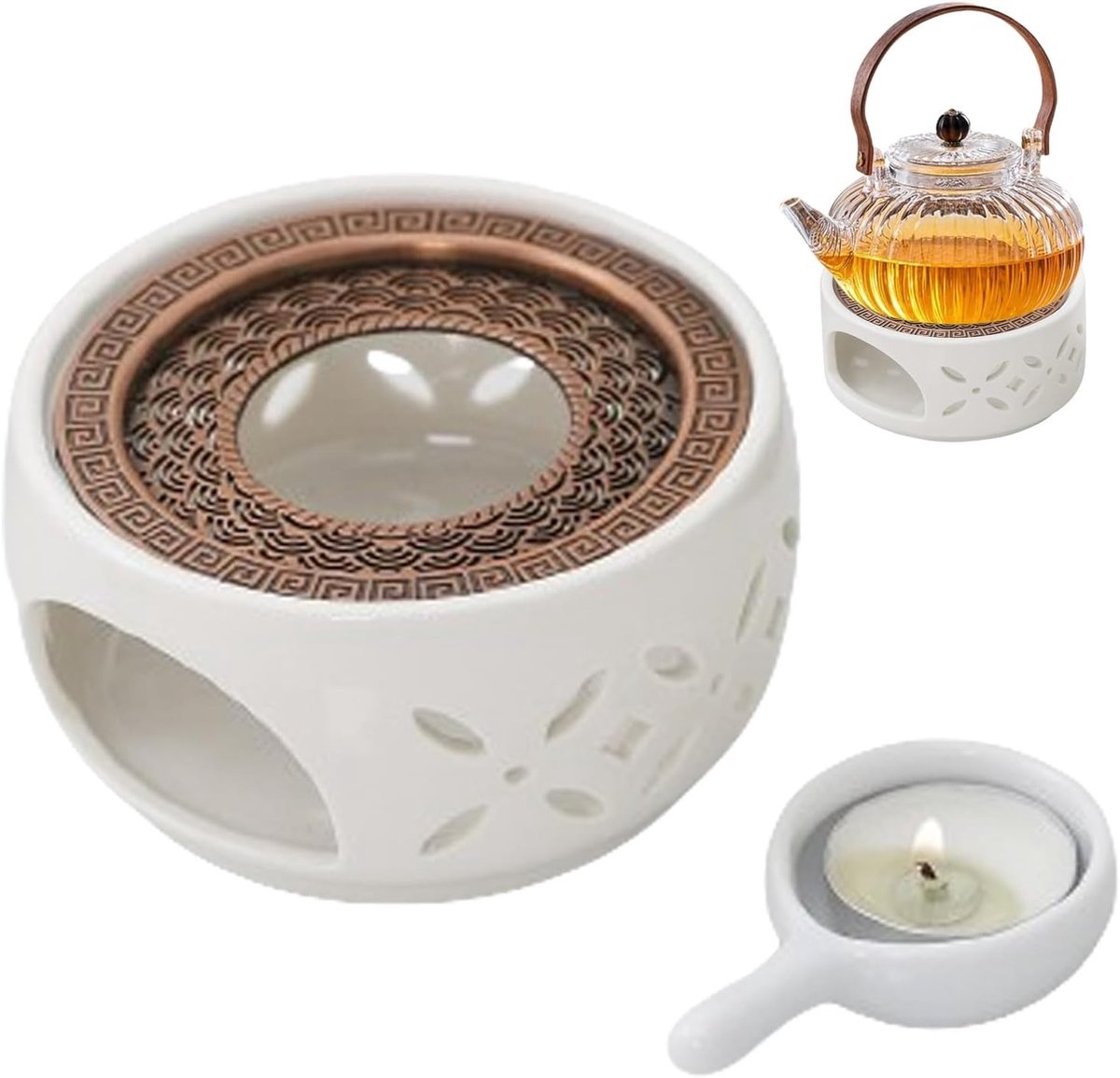 Theewarmer - Wit - 11,3 x 5,8 cm - Keramisch met Gietijzeren Kookmat - Voor Theepotten en Koffiekopjes