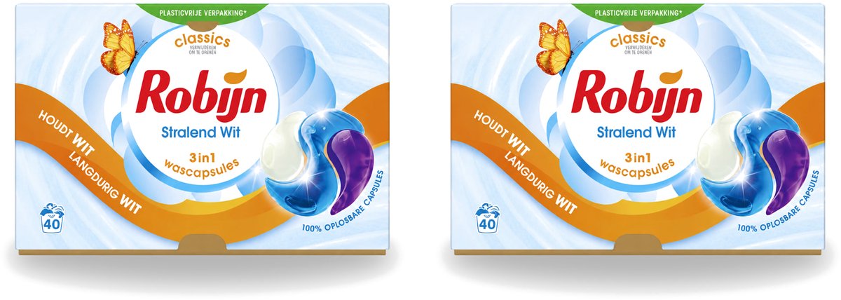 2 x Robijn - Stralend Wit - 3-in-1 Wascapsules - Houdt Langdurig Wit - 40 Wascapsules - Voordeelverpakking - 2 stuks