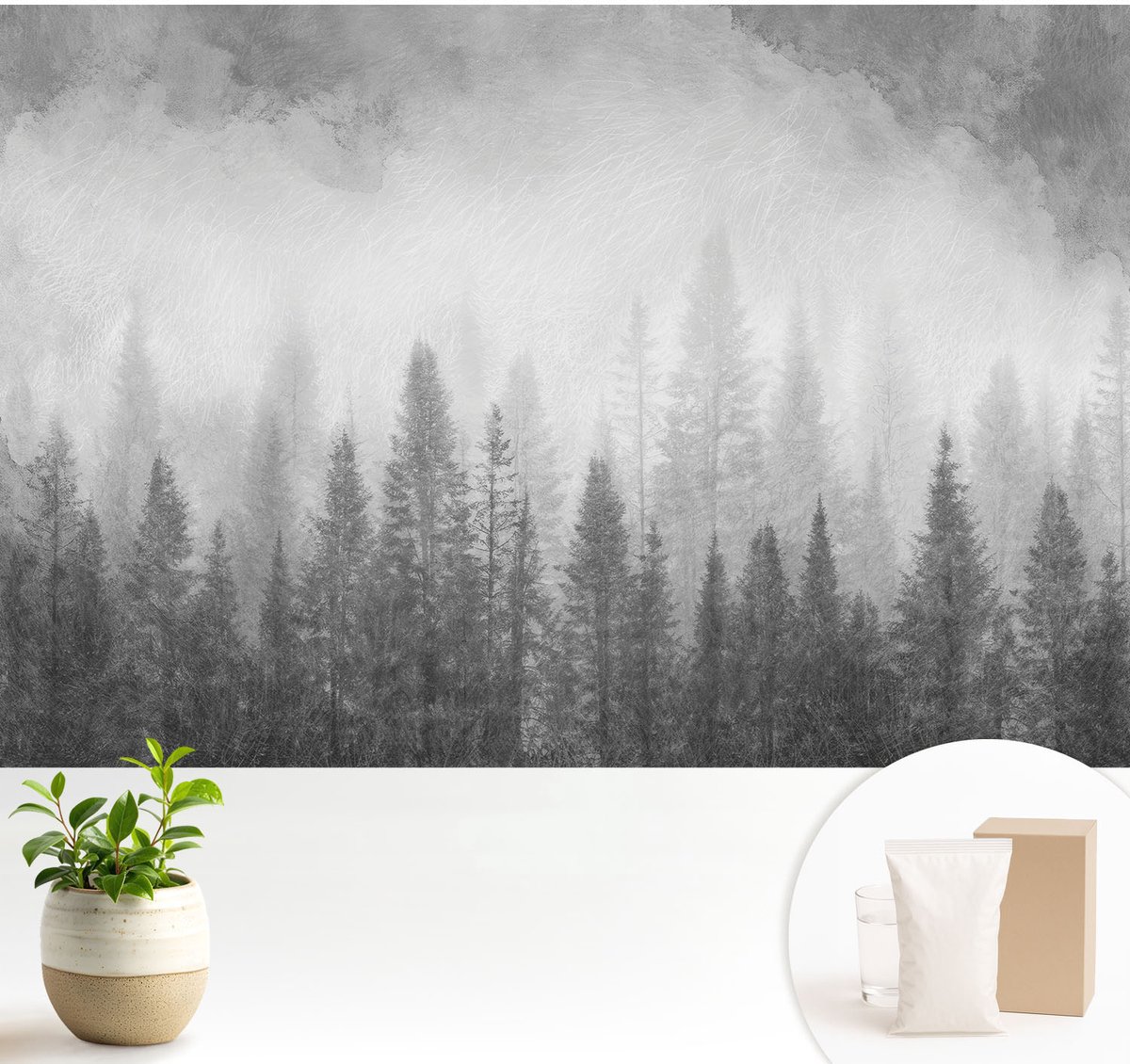 Wallfluent Fotobehang - Zwart-Wit Vliesbehang - 104x70 cm - Bosmist Fotobehang Vlies - Hal behang Landschappen - Muurschildering - Woonkamer behang