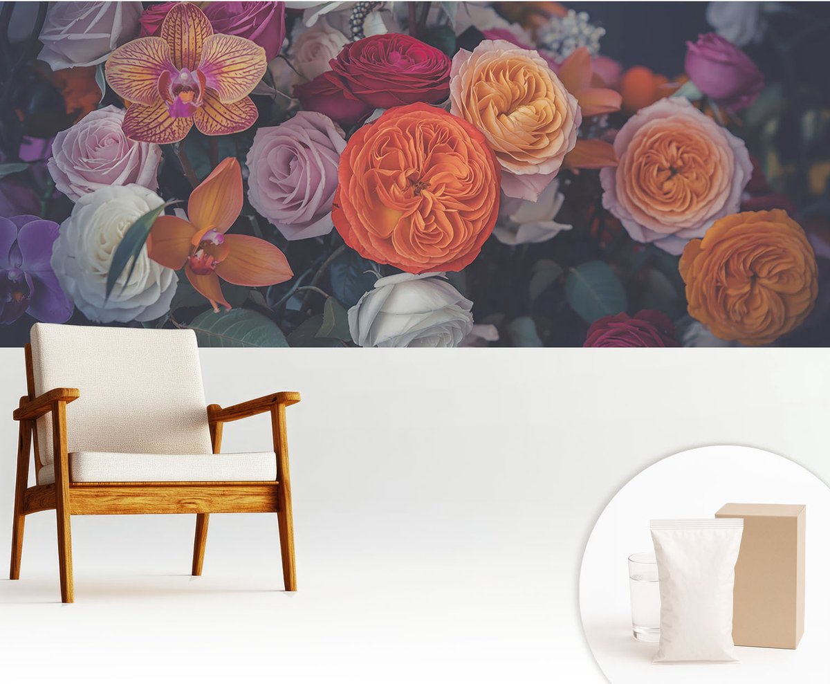 Wallfluent Fotobehang - Oranje Vliesbehang - 250x104 cm - Kleurrijk Boeket Fotobehang Vlies - Hal behang Bloemen En Planten - Muurschildering - Woonkamer behang