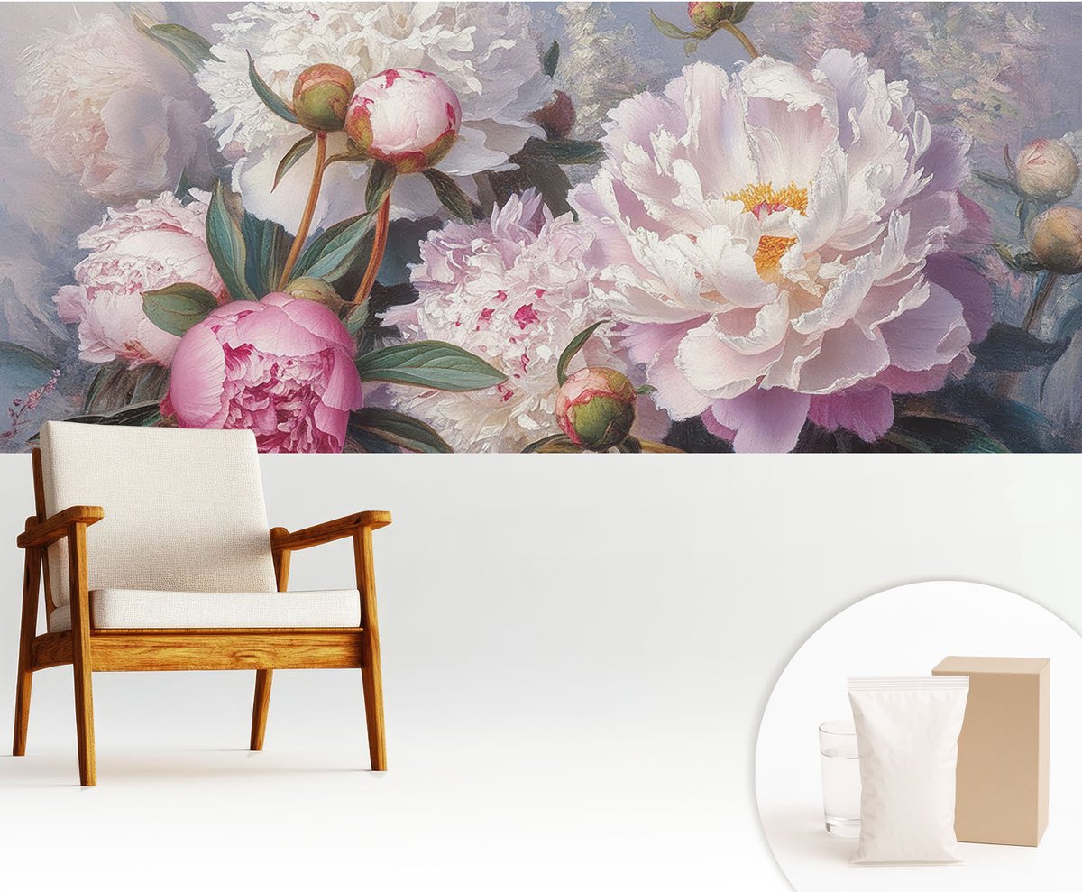 Wallfluent Fotobehang - Roze Vliesbehang - 250x104 cm - Pioenrozenboeket Muurschildering - Slaapkamer behang Bloemen En Planten - Fotobehang Vlies - Slaapkamer behang