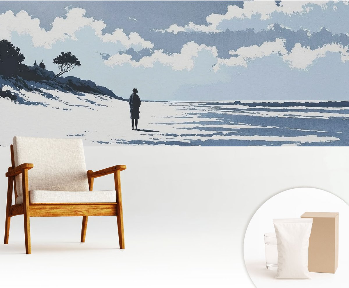 Wallfluent Fotobehang - Blauw Vliesbehang - 250x104 cm - Stilte Op Het Strand Fotobehang Vlies - Hal behang Landschappen - Muurschildering - Woonkamer behang