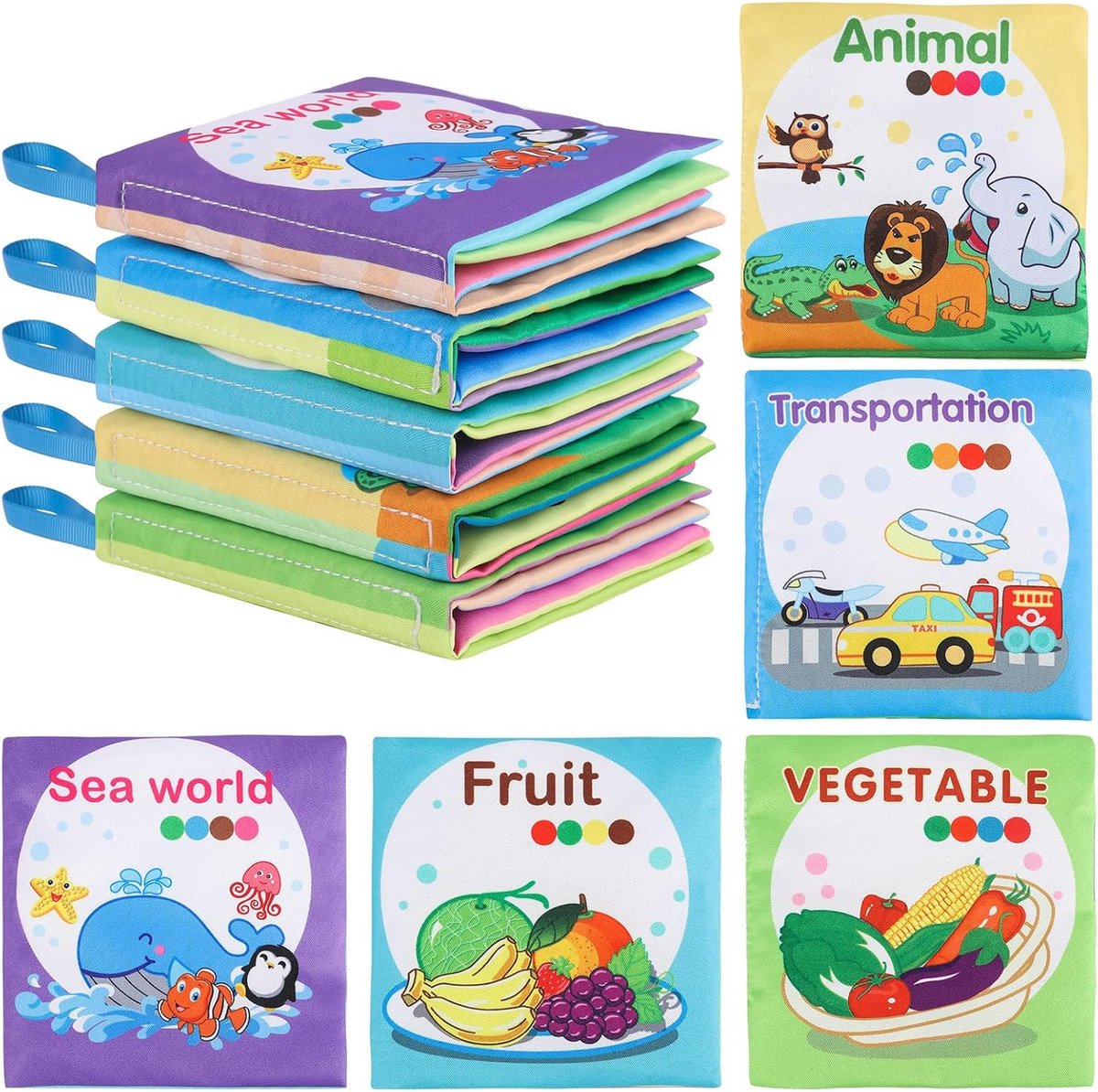 Deze set van vijf babyboekjes voor in bad is perfect voor peuters om de namen van dieren, fruit, groenten en voertuigen te leren. Het is een ideaal speeltje voor kleuters.