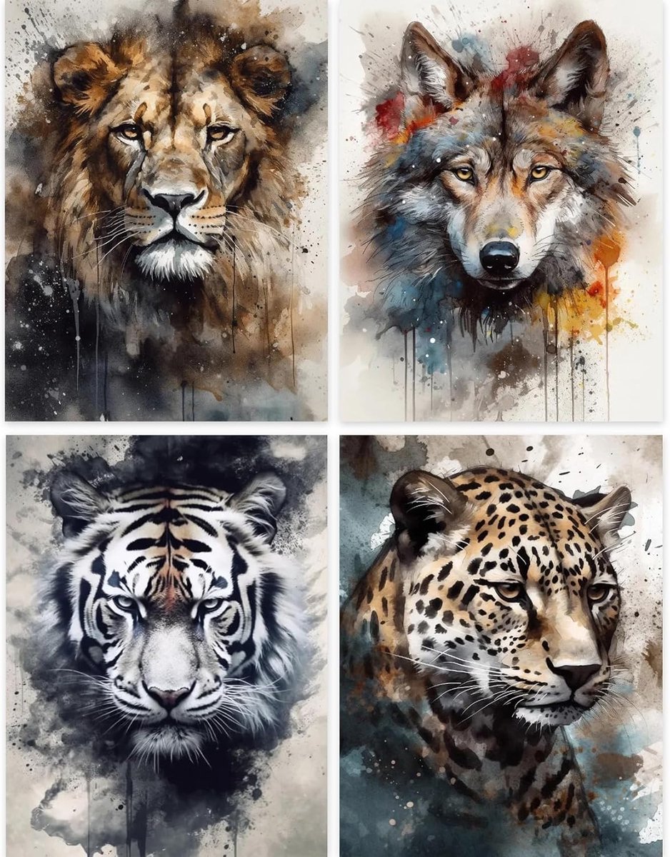 4 stuks diamantschilderset, 5D diamond painting tijger en leeuw, complete diamantschildersets geschikt voor volwassenen, diamantschildersets voor slaapkamer, woonkamer, wanddecoratie