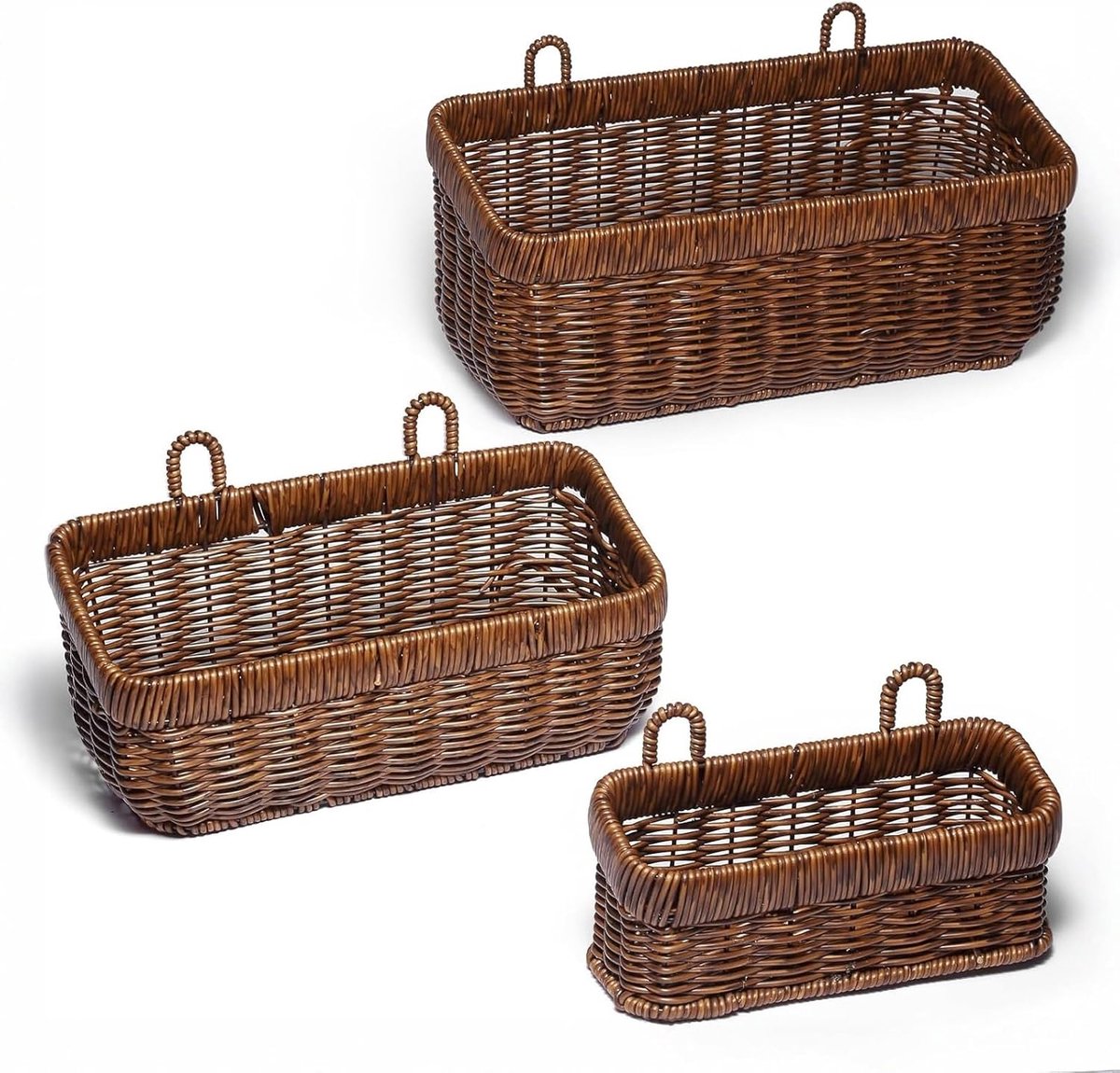2 stuks geweven opbergmand, organizer trays, papieren doos, vintage bak voor badkamer, keuken, ijdelheid aanrecht tafelplank, boho-stijl handgeweven muur opknoping mand (bruin, 3 stuks (set))