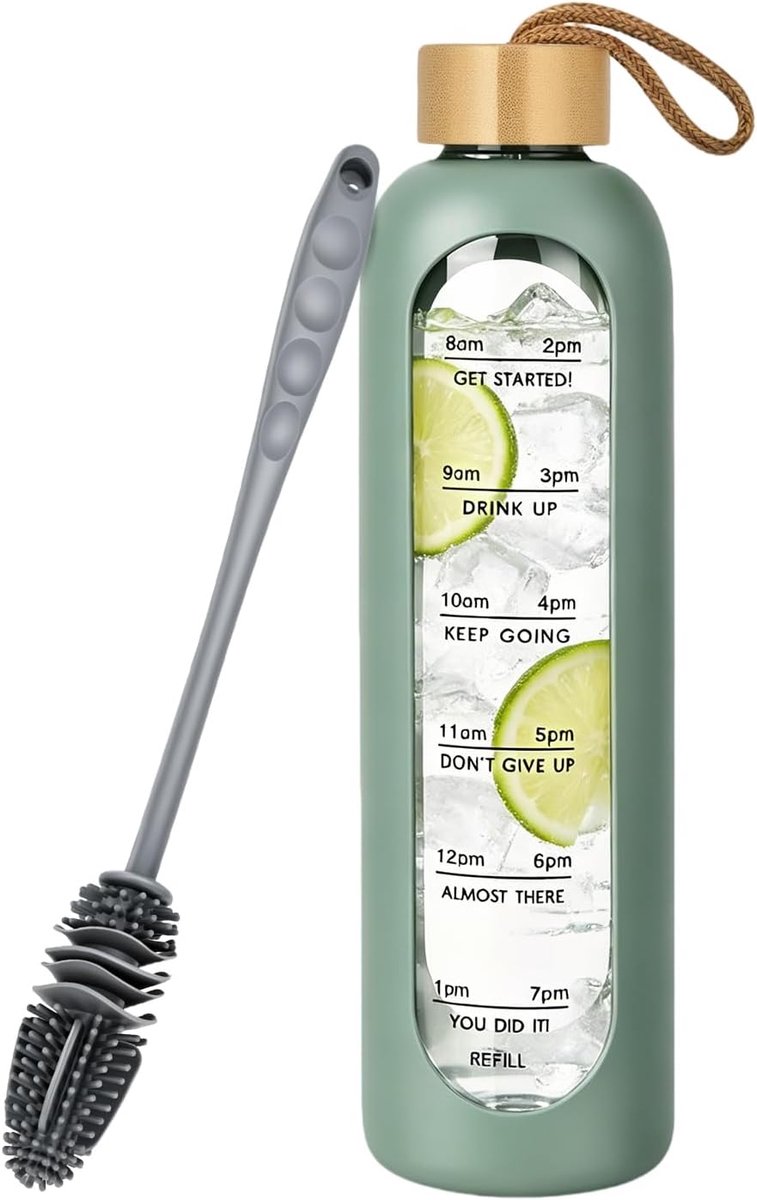 Drinkfles van glas, 1 liter, lekvrije waterfles met hydratatieschaal, borosilicaatglas fles met borstel en siliconen hoes, geschikt voor warme en koude dranken, BPA-vrij, olijfgroen