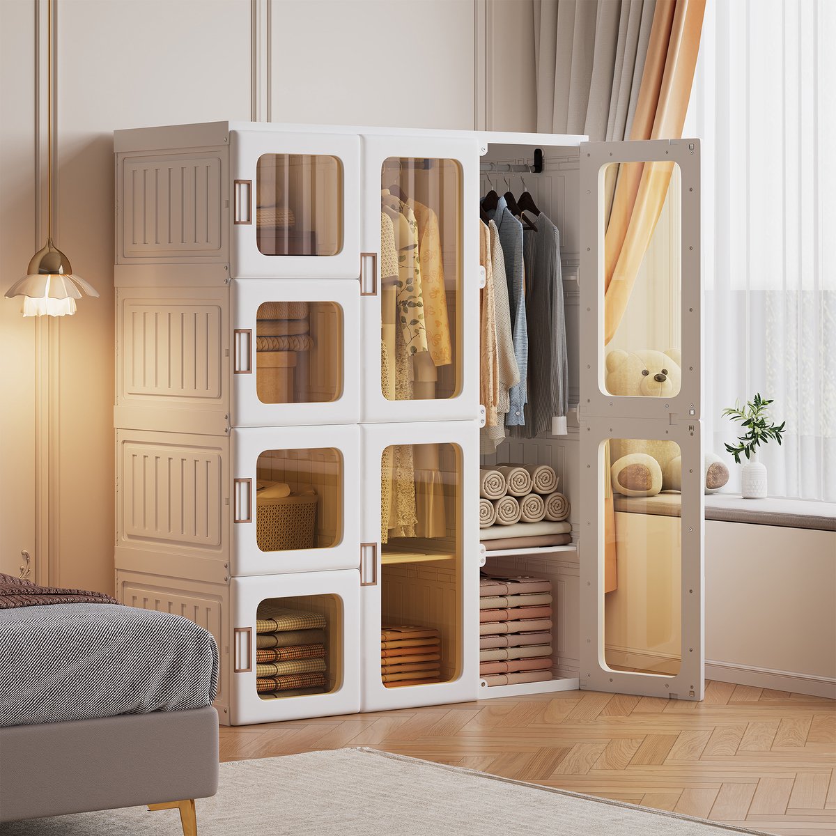ROSAHQNDA Verplaatsbare kledingkast 104 x 136 x 50 cm – Eenvoudig te monteren, opvouwbare multifunctionele kast met 2 kledingroedes en 8 transparante deuren met magneetsluiting – Opbergkast voor slaapkamer of woonkamer – Wit transparante+Wit-8 deuren
