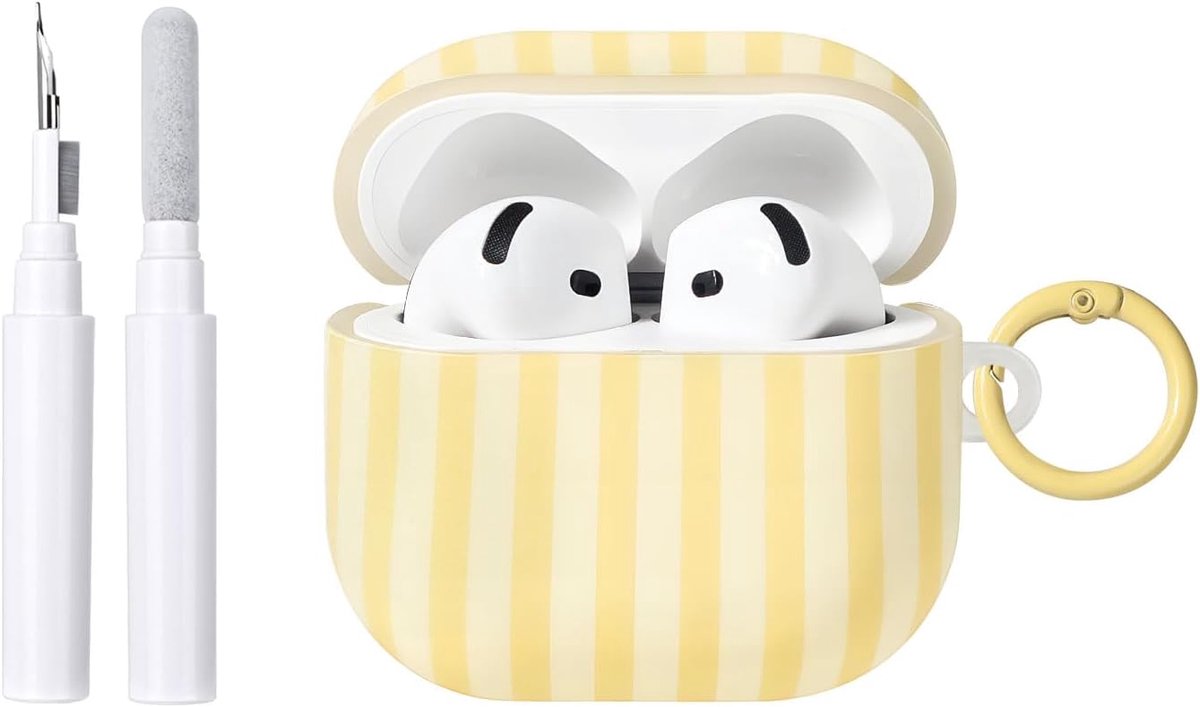 Compatibel met AirPods 4 hoes met reinigingsset, schattig gestreept patroon, esthetisch design, stootvaste en krasbestendige TPU-beschermhoes met sleutelhanger, voor vrouwen en meisjes, geel