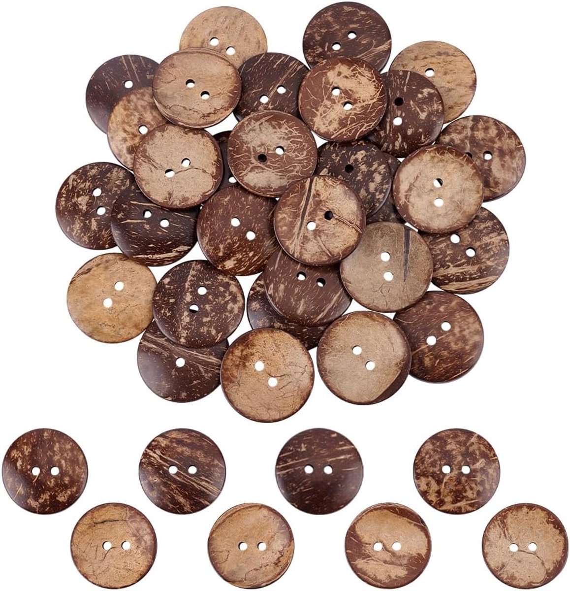 30 knoppen van kokosnoot, natuurlijk, rond en plat, 2 cm, kokosnootbruin, van natuurlijk hout, met 3 gaten, vintage stijl.
