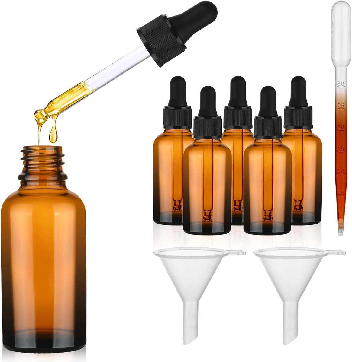 Glazen fles met glazen pipet, 6 stuks 30 ml glazen druppelfles met trechter, bruine glazen flessen navulbaar voor essentiële oliën aromatherapie make-up massage laboratorium