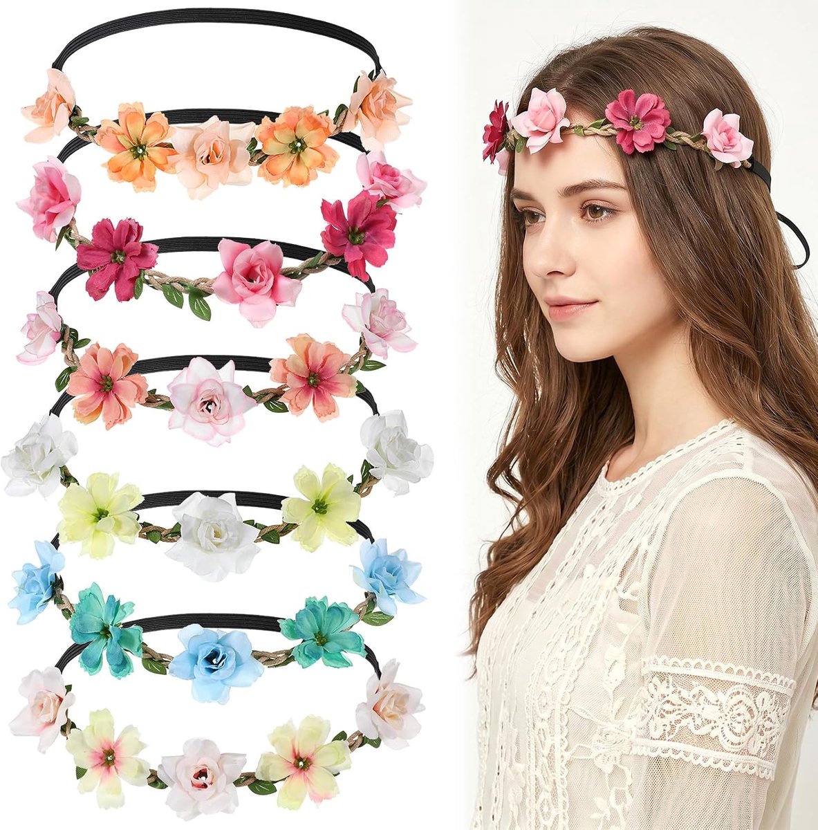 6 stuks bloemenkrans haar, simulatie haaraccessoires bloemen, roos bloemenkrans voor dames, bloemen haaraccessoires voor festival, feest, bruiloft, verjaardag, strand
