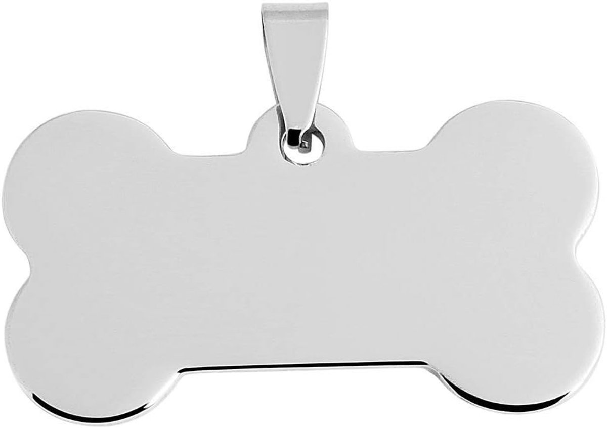 Botvorm met gravure zilveren adreslabel kleine hanger licht roestvrij staal hond naamplaatje herkenningsplaats (gravure 15 tekens, aan beide zijden)