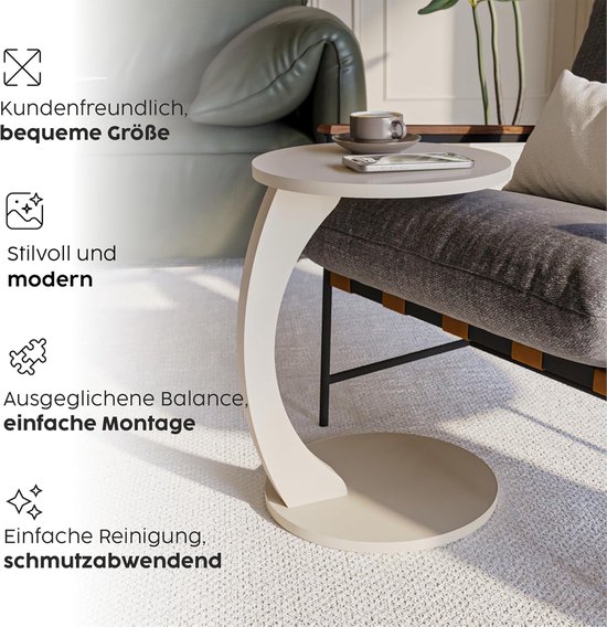 Sugodesign Salontafel met wieltjes, kleine bijzettafel C-vorm, bijzettafel, bank, stijlvolle salontafel in mooi zand-beige-look, ronde tafel als legplank voor bank en woonkamer, C-vorm — afbeelding 5