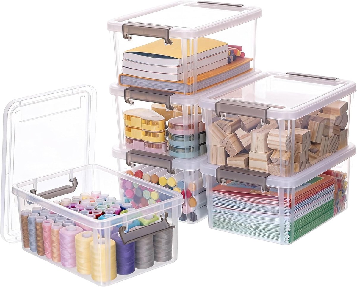 Set van 6 3 liter opbergdozen met deksel, kunststof, stapelbaar handvat, opbergdozen, 23 x 17 x 10,5 cm