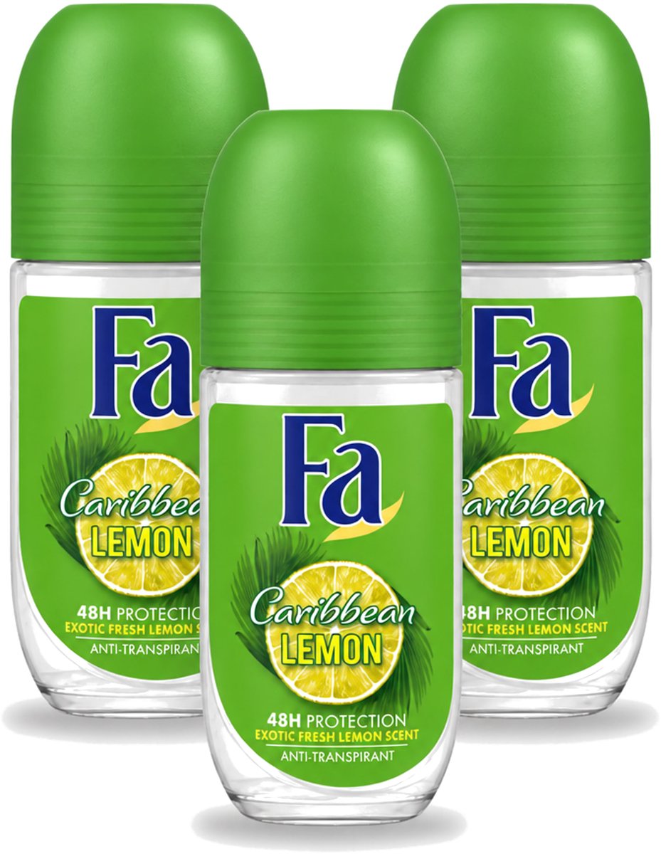 3 x Fa - Deodorant Roller - Caribbean Lemon - Verfrissend - 48 uur Bescherming - Citrusachtig - 50 ml - Bulkverpakking - 3 stuks
