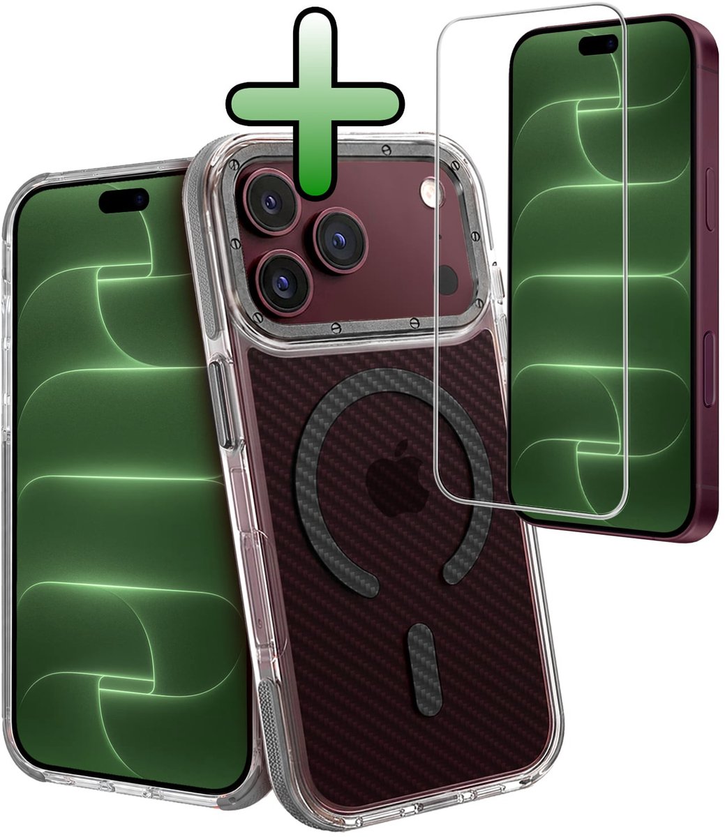 Hoesje Met Screenprotector - Geschikt voor Apple iPhone 18 Pro - Magsafe Compatible - Carbon Look - Sterk & Shockproof - Back Cover - Shock Proof Case - Telefoon Hoes - Grijs