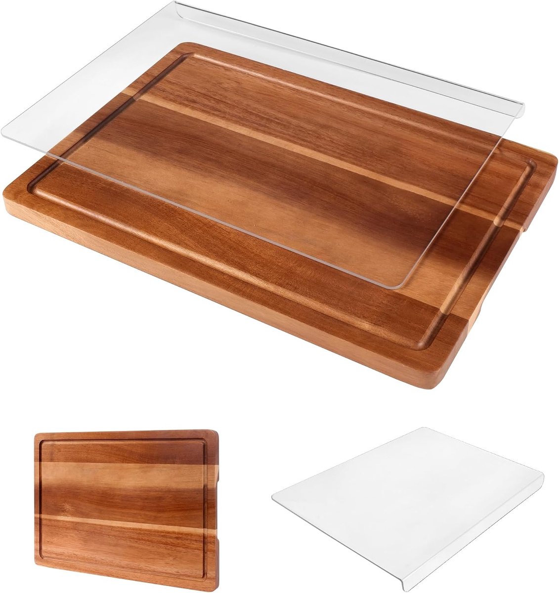 Set van 2 Stuks, Acaciahout en Acryl, Snijplank met Aanrecht voor Keuken, Houten Snijplank met Sapgroeven voor Groenten, Fruit en Vlees