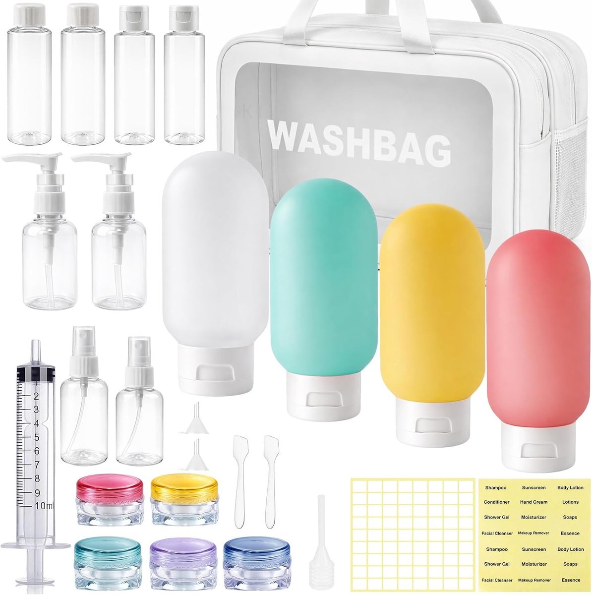 Set van 26 reisflessen voor hygiëneproducten, waterdicht, herbruikbaar, met toilettas, mini-flessen voor luchthaven en reizen, Wit, mini