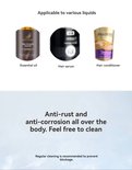 Flesjes met "Essential oil", "Hair serum", "Hair conditioner" naast elkaar.