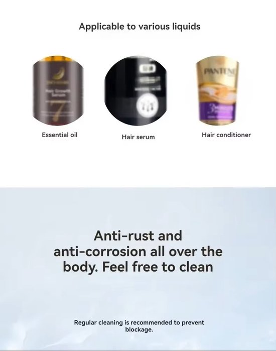 Flesjes met "Essential oil", "Hair serum", "Hair conditioner" naast elkaar.