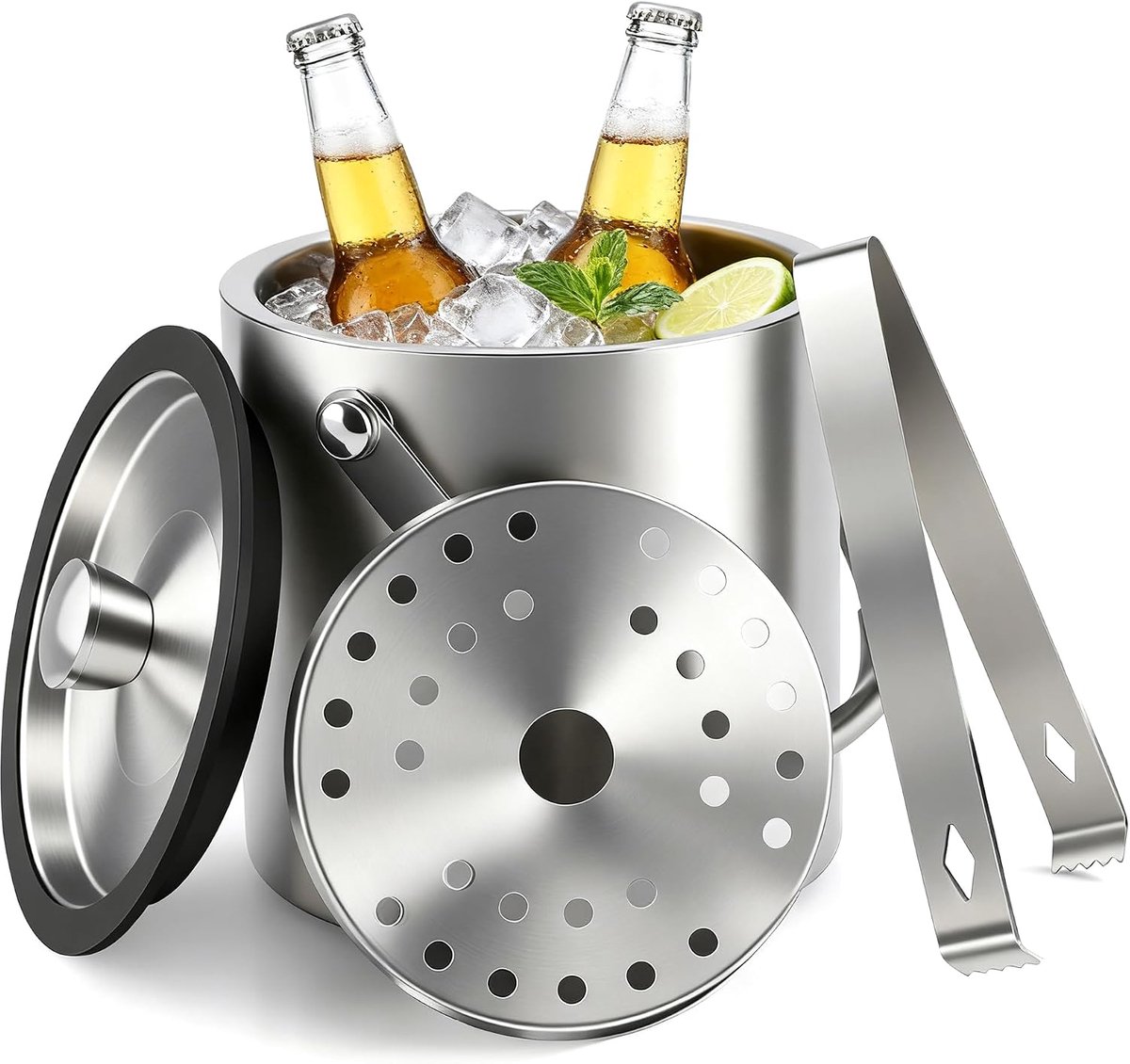 Roestvrij staal, met deksel, ijsemmer voor ijsblokjes, ijsemmer met clips, zeef en schep, perfect voor het afkoelen van dranken, ijsblokjesbak, bier, champagnekoeler