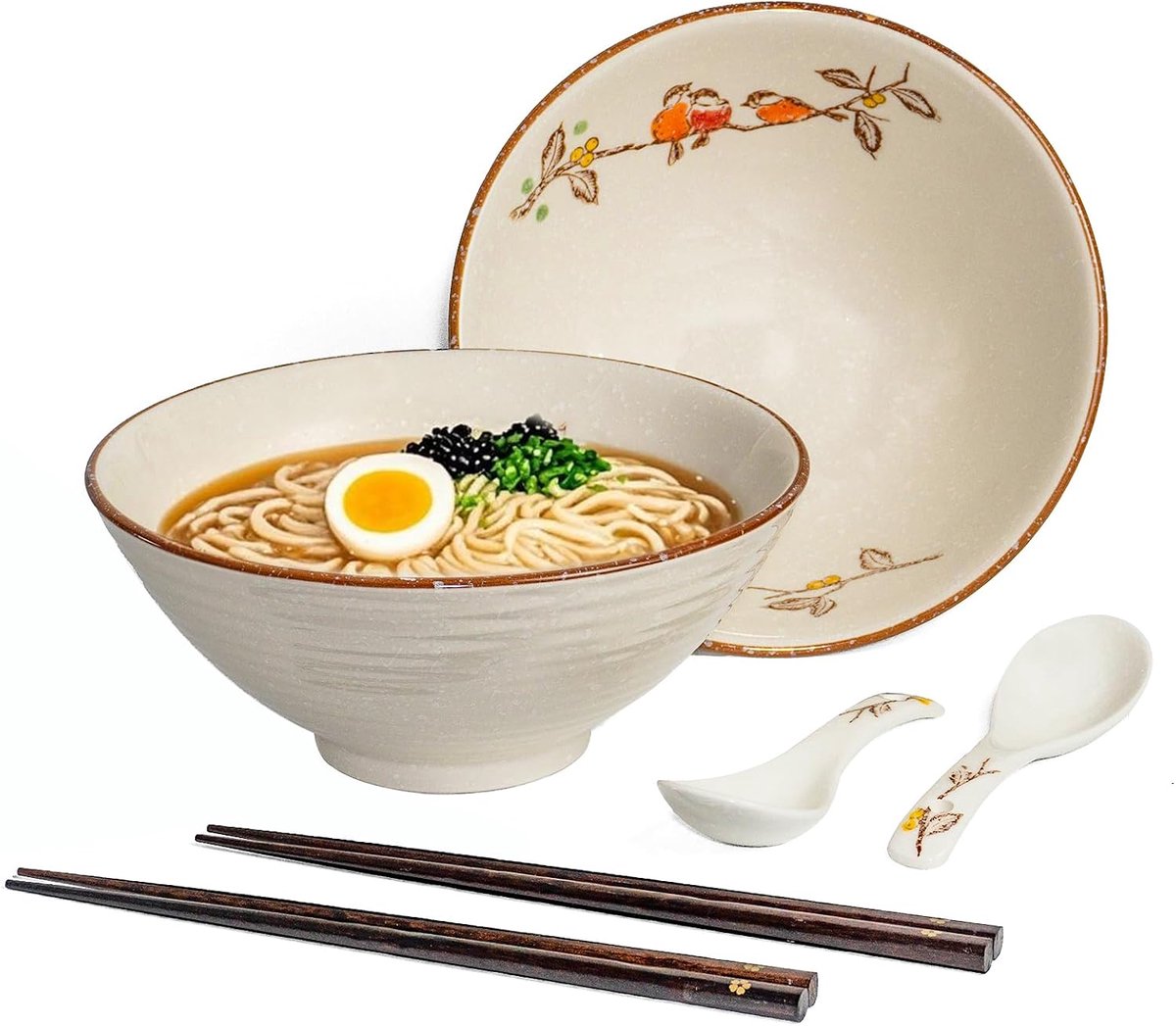 Kommenset, 2 x 1200 ml, Japanse keramische kom met stokjes en lepel, grote soepkom voor ramen, pho, udon, salade, magnetron- en vaatwasmachinebestendig, bloemenmotief