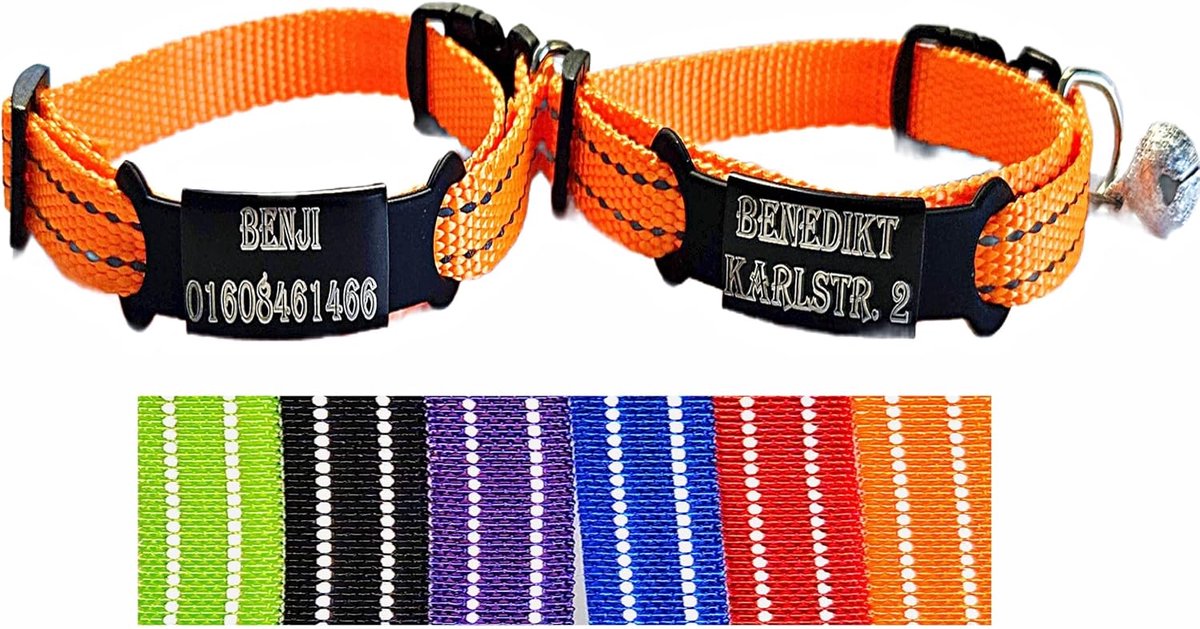 2 x gepersonaliseerde kattenhalsband gegraveerd met naam, reflecterende kattenhalsband van nylon met belletje (oranje en oranje)
