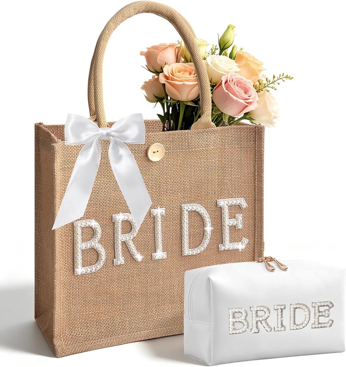 Tas voor bruid met make-uptas, witte make-uptas met parelletters, klassiek, Minimalistisch
