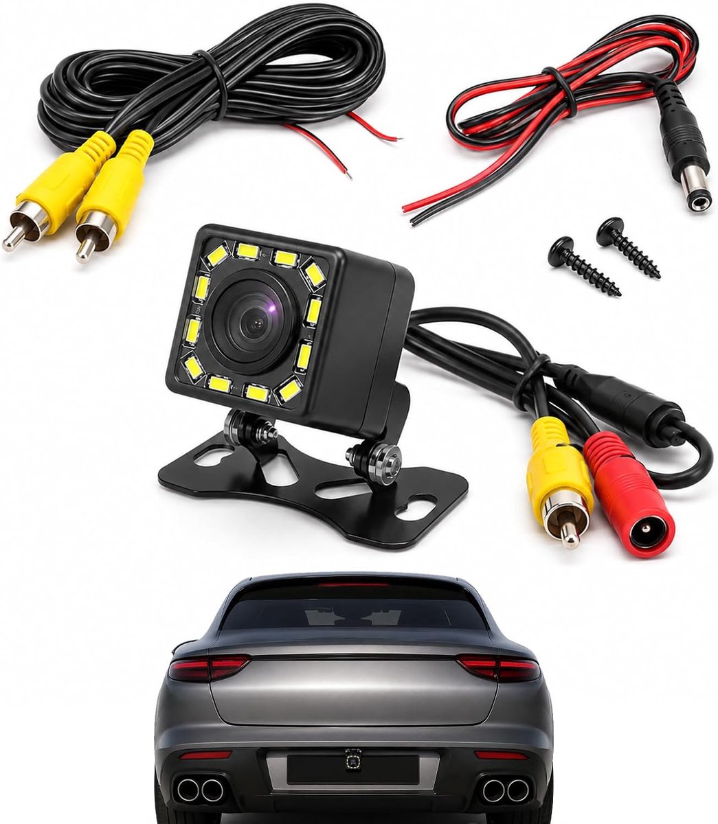 1 x achteruitrijcamera voor auto, 1080p, Ultra HD, 12 leds, nachtzicht, super universeel, 170° groothoek, fish-eye, 12 V-24 V, waterdicht, IP68, achteruitrijcamera voor auto, SUV, vrachtwagen, pickup
