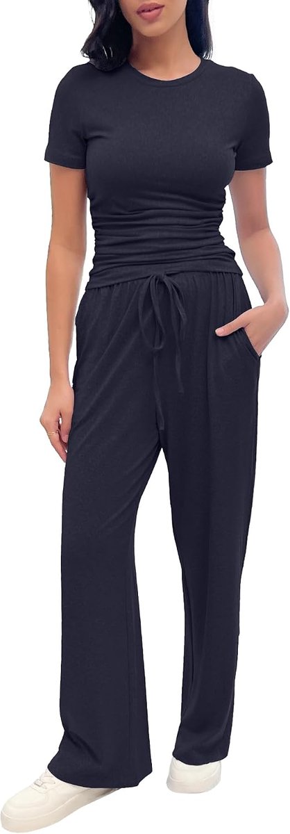 Set voor dames, 2-delig, zacht, rekbaar, top met korte mouwen, broek met trekkoord en zakken, voor thuis of op reis