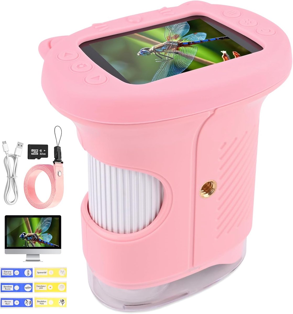 Microscoop voor kinderen, 1000X 4K digitale microscoop voor kinderen met 1080P HD 2,4 inch IPS-display en 8 leds, 1080P HD draagbare microscoop, USB-oplaadbaar, wetenschap buiten jaar