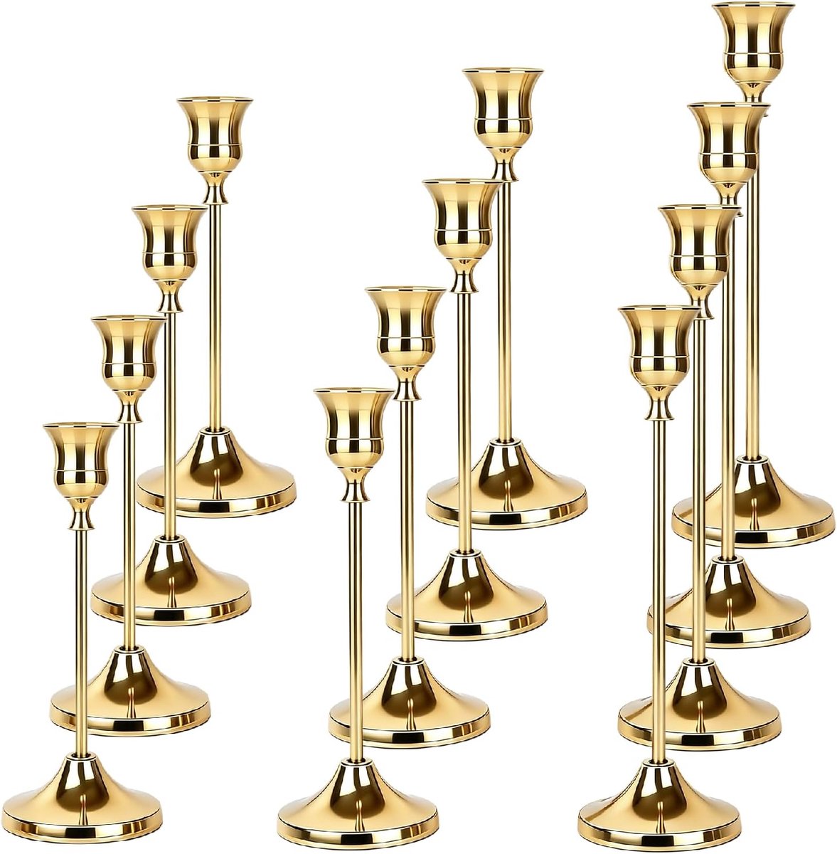 Set van 12 stuks, goud, kaarsenhouder, gouden kaarsenhouders, vintage kandelaar, staafkaarsenhouder, bruiloft, kaarsenstandaard voor tafel, housewarming, cadeau voor Kerstmis