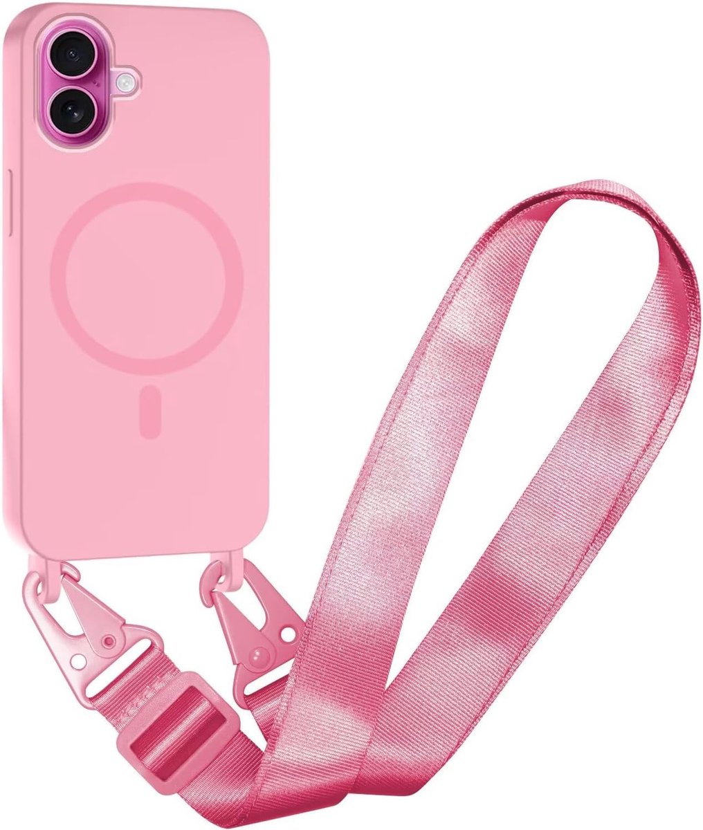 Compatibel met iPhone 16 Draadloos opladen, Schokbestendige Verwijderbare Telefoon Case met Verstelbare Nekoord Ketting Zachte Cover voor iPhone 16, Roze